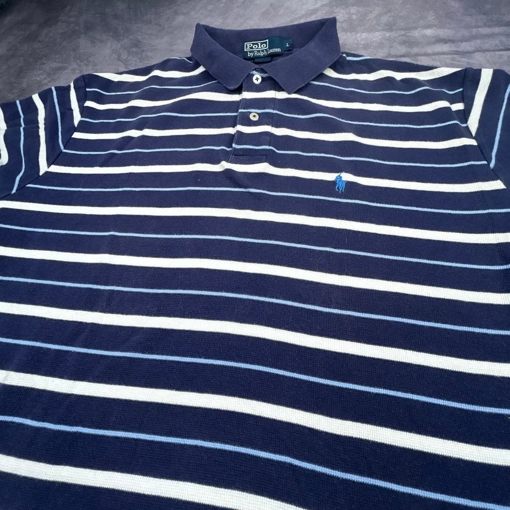 Polo Ralph‎ Lauren Striped Polo Shirt Mens Large Navy Blue White Y2K 90s Relaxed